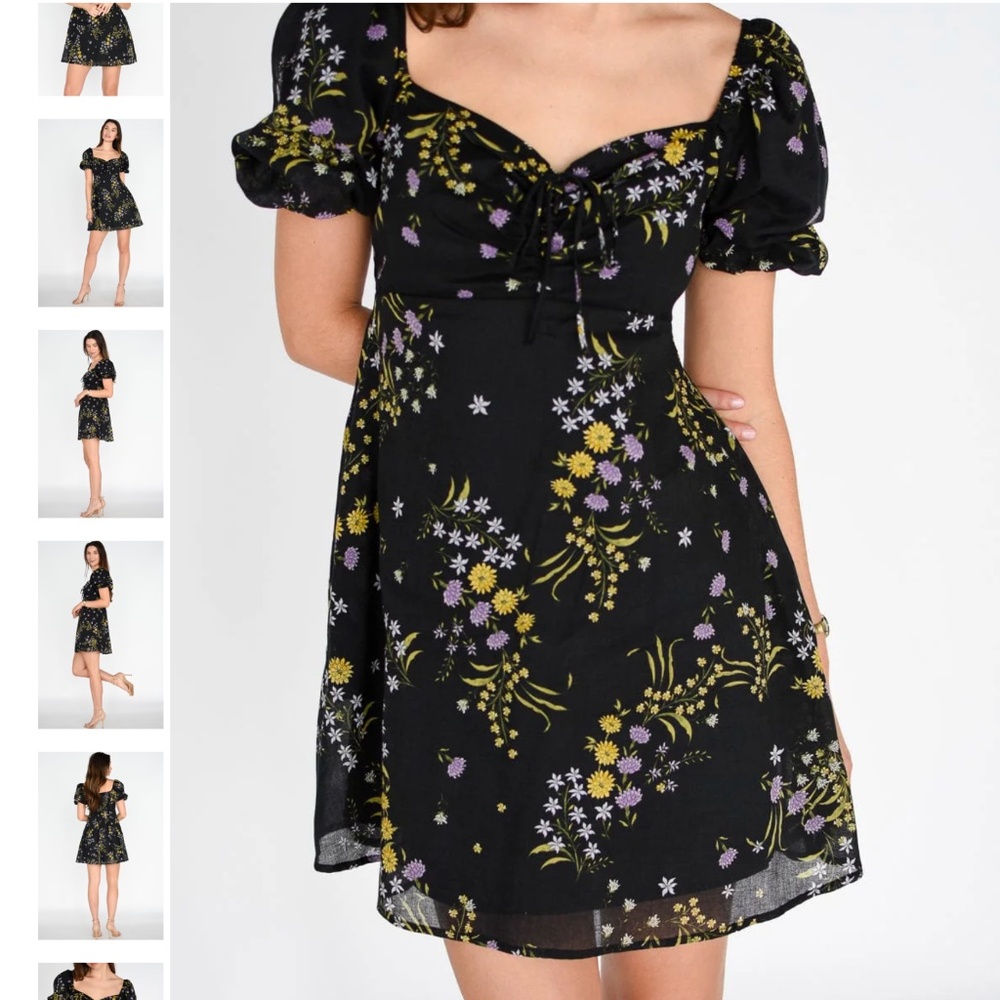 Steve Madden Black Floral Mini Dress – Puff Sleeve Sweetheart - Picture 4 of 7